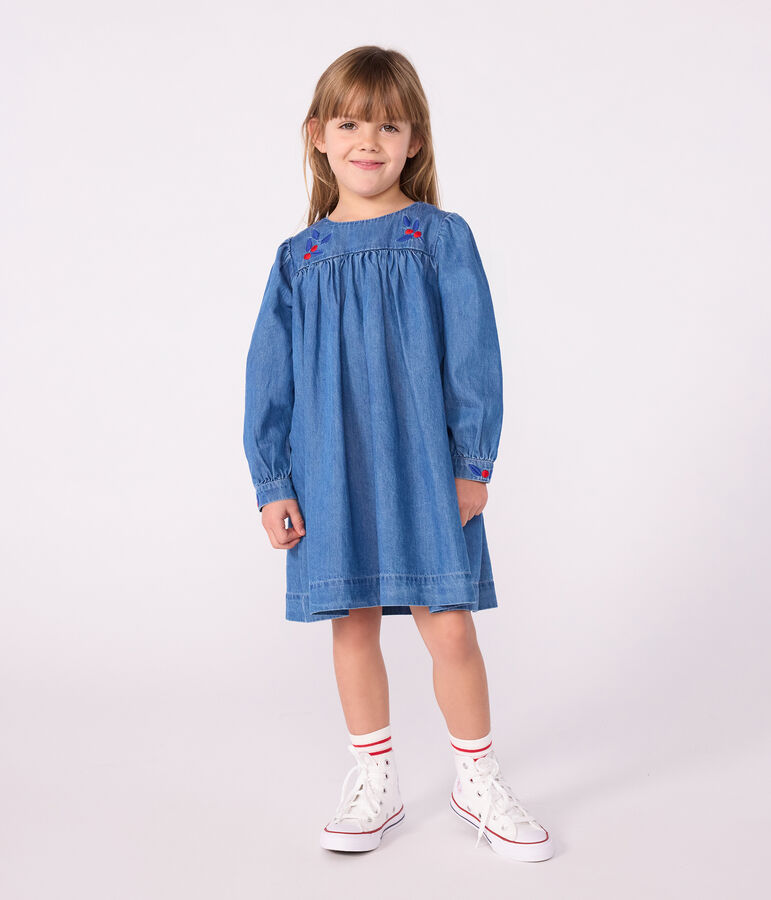 Vestido infantil de manga larga de tejido denim azul