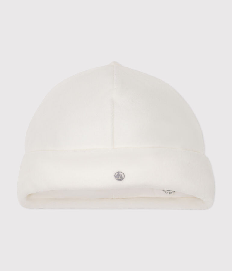 Gorro de rizo aterciopelado para reci&eacute;n nacido blanco