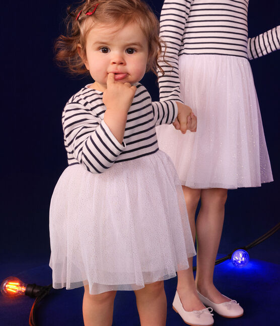 Vestido de túbico a rayas y tul para bebé blanco MARSHMALLOW/blanco MULTICO