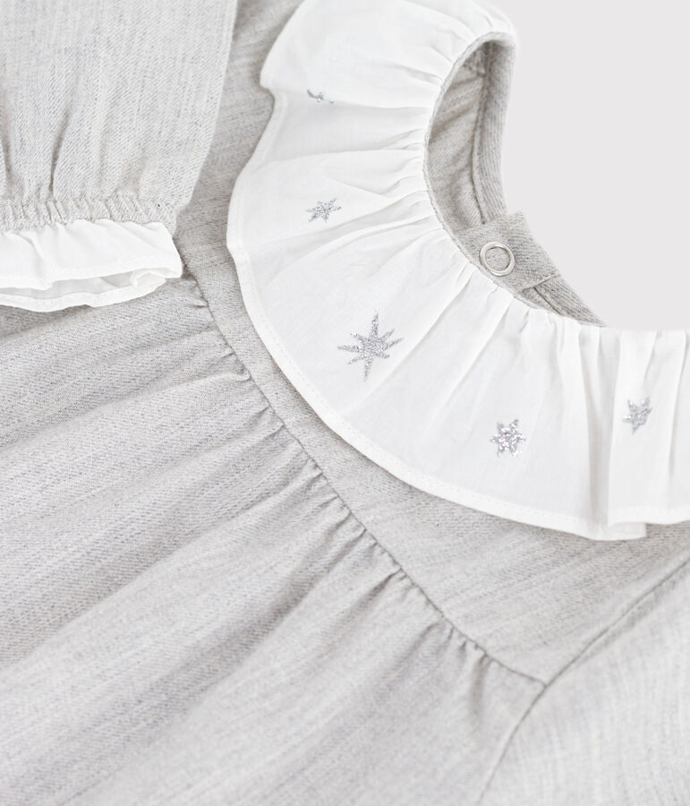 Vestido liso de franela de manga larga con cuello para beb&eacute; gris