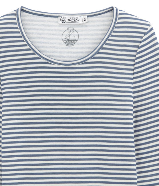 Camiseta de manga larga de algodón y lana para mujer azul TURQUIN/blanco MARSHMALLOW