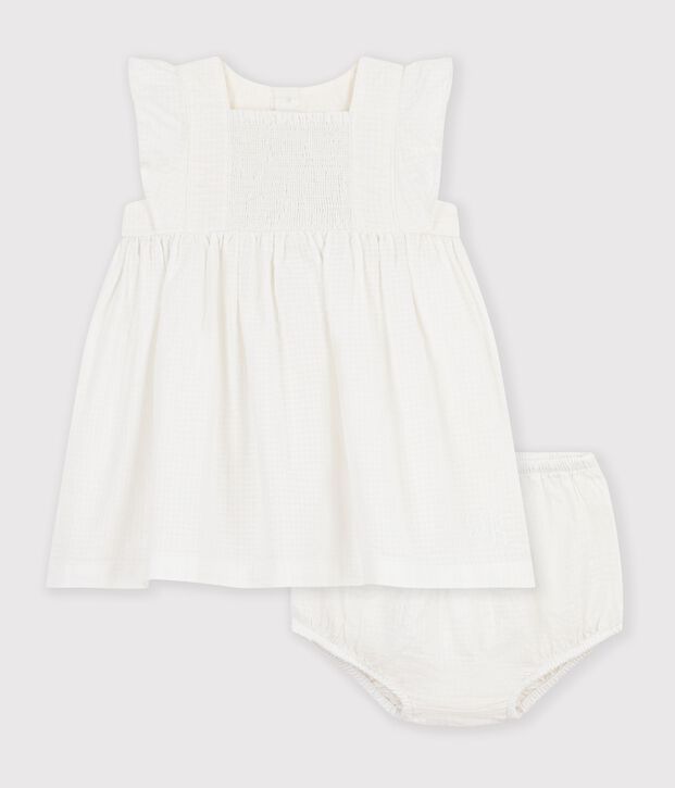 Vestido liso de algod&oacute;n de manga corta para beb&eacute; blanco