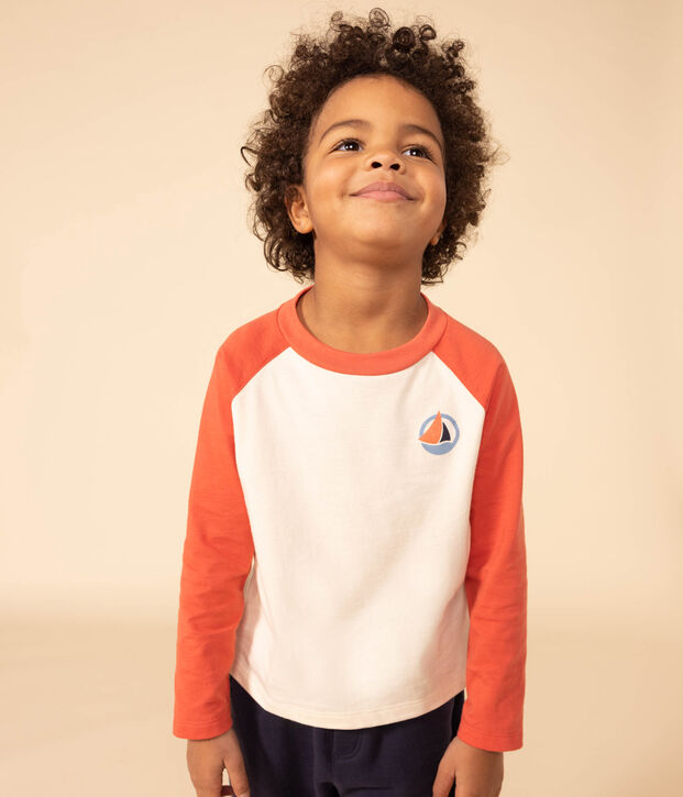 Camiseta de algod&oacute;n de manga larga de ni&ntilde;o crudo/naranja