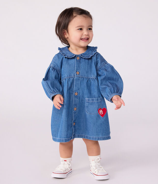 Vestido denim de manga larga con cuello para beb&eacute; azul