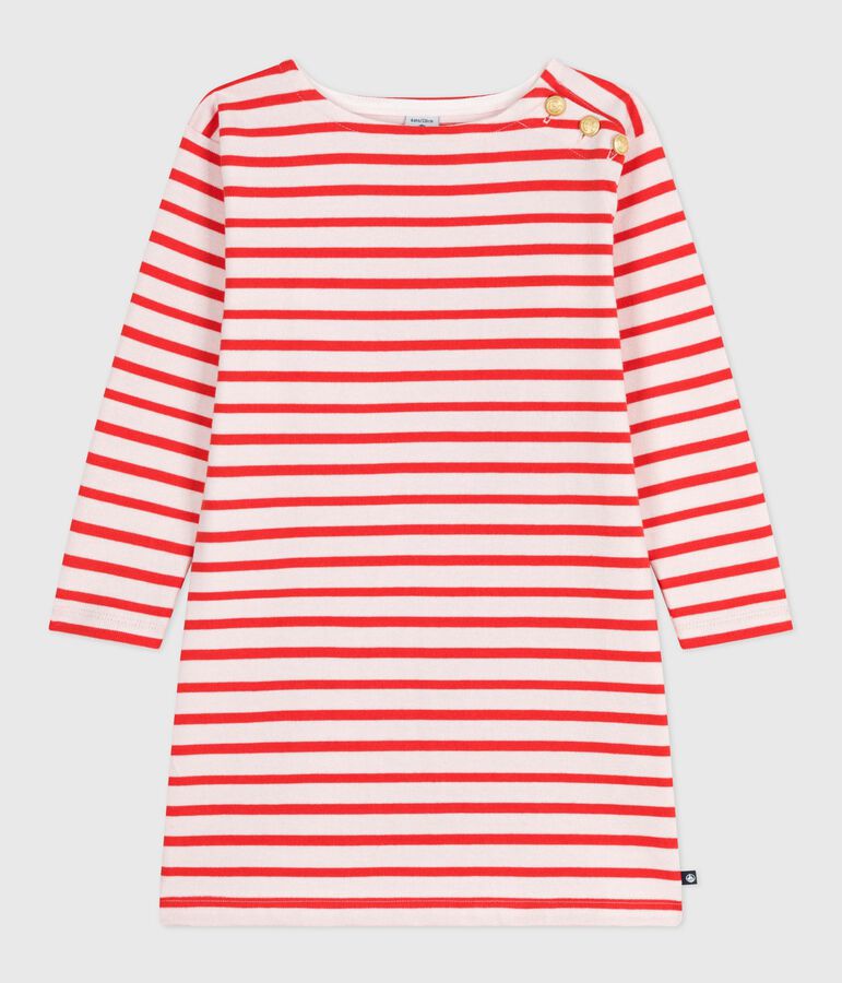 Vestido infantil de algod&oacute;n de manga larga a rayas rosa/rojo