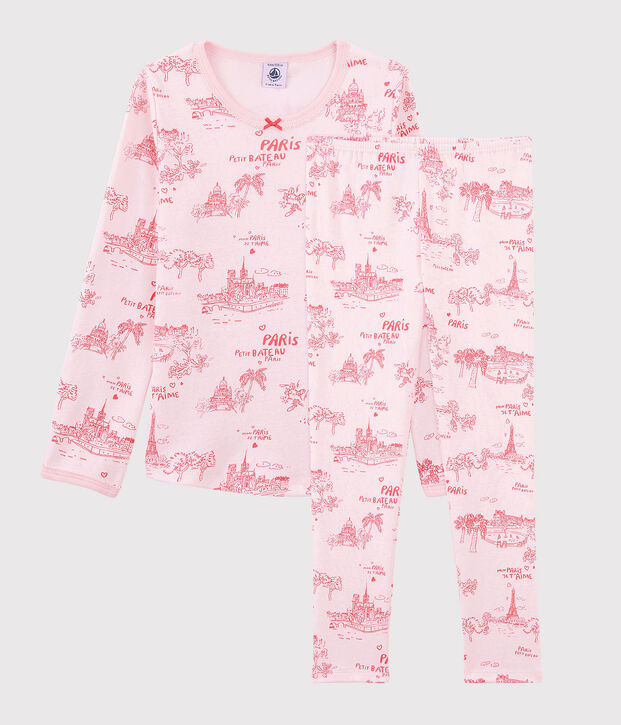 Pijama de tela de Jouy Par&iacute;s de ni&ntilde;a de algod&oacute;n rosa/rosa