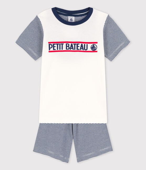 Pijama corto milrayas en azul de algodón de niño blanco MARSHMALLOW/azul MEDIEVAL