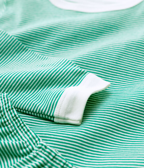 Pijama milrayas verde de niña/niño de algodón orgánico verde PIVERT/blanco MARSHMALLOW