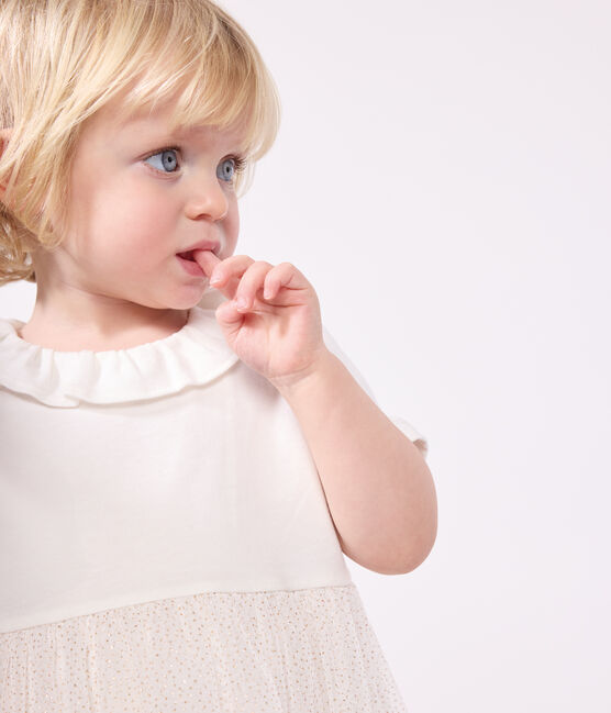 Vestido de manga corta de algodón y tul con cuello isabelino para bebé blanco MARSHMALLOW/rosa COPPER