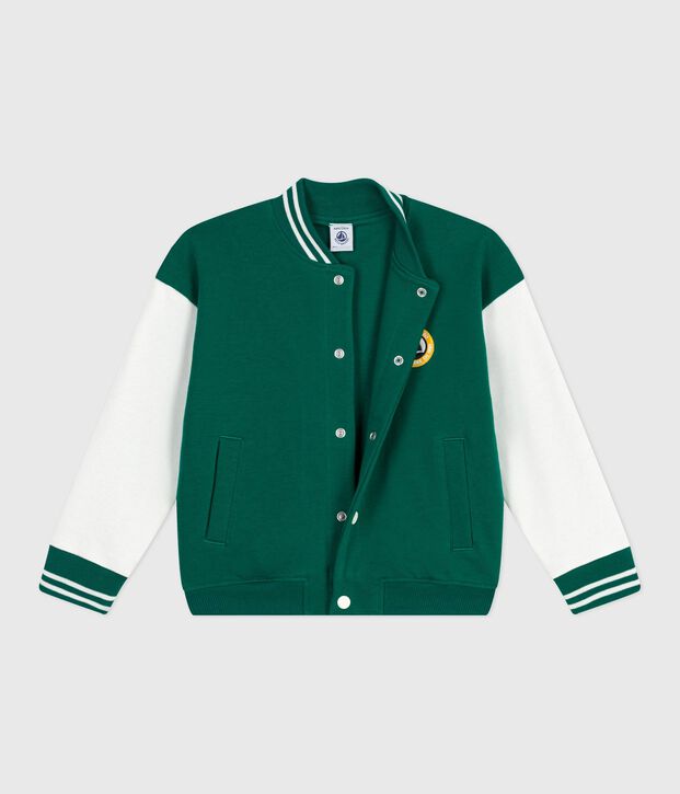 Chaqueta teddy infantil lisa de algod&oacute;n verde/crudo