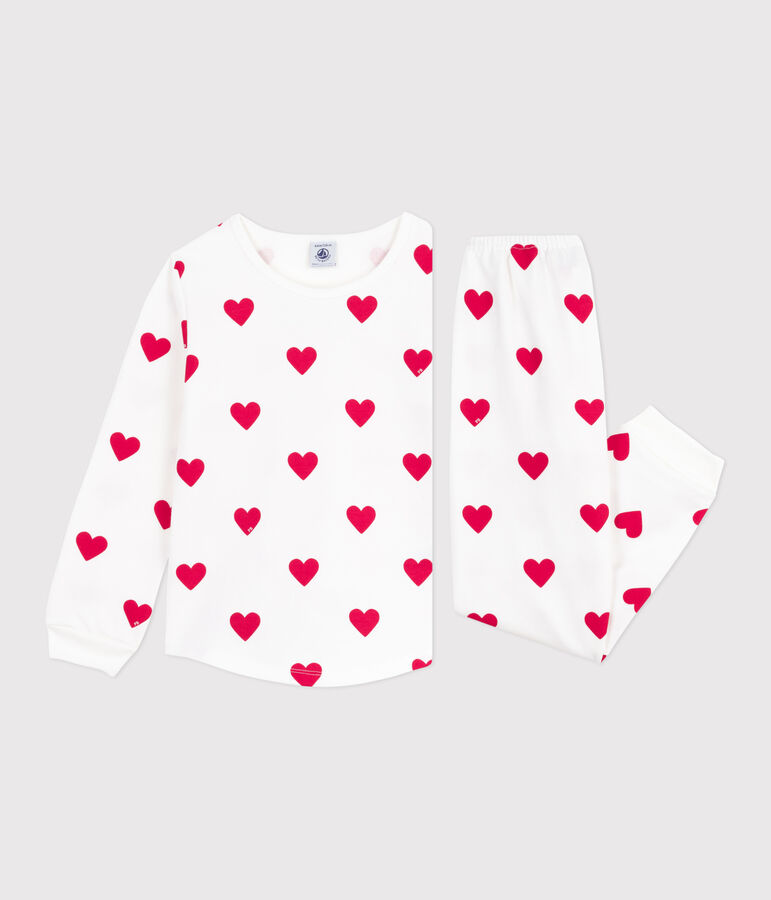 Pijama infantil de felpa con estampado de corazones blanco/rojo