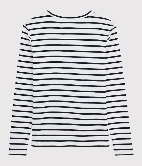 Camiseta de cuello de pico emblemática de algodón a rayas de mujer blanco MARSHMALLOW/azul SMOKING