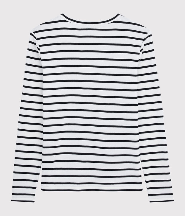 Camiseta de cuello de pico emblem&aacute;tica de algod&oacute;n a rayas de mujer blanco/azul