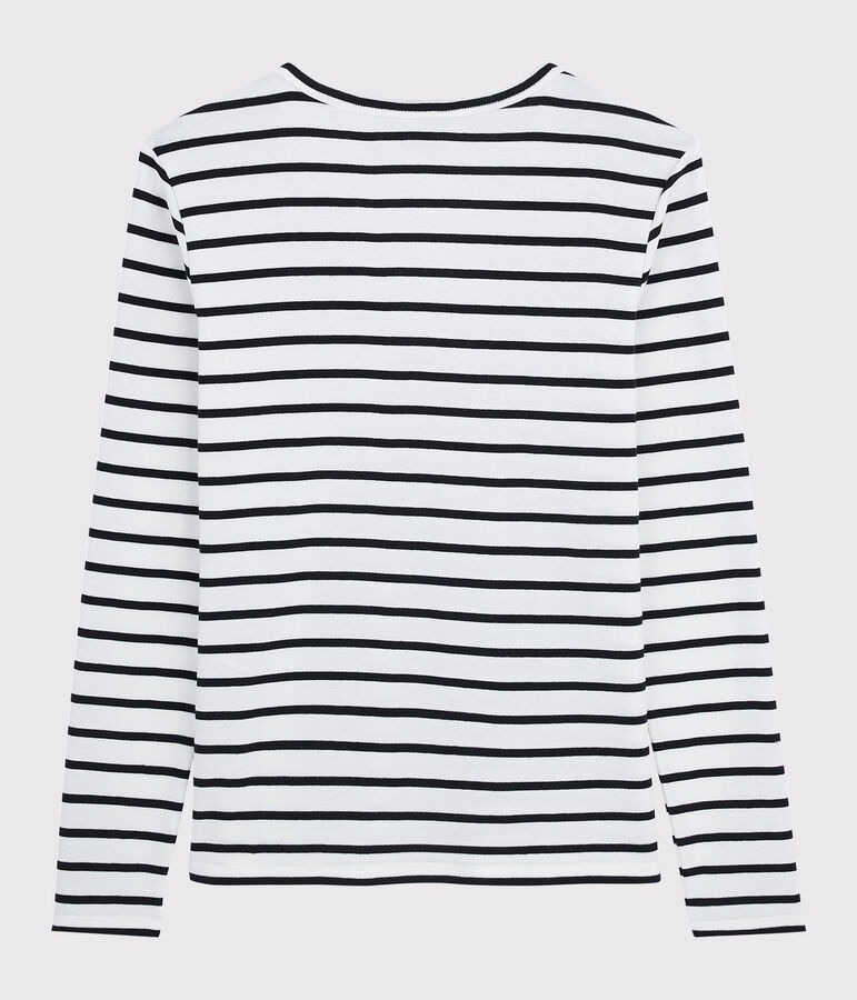 Camiseta de cuello de pico emblem&aacute;tica de algod&oacute;n a rayas de mujer blanco/azul