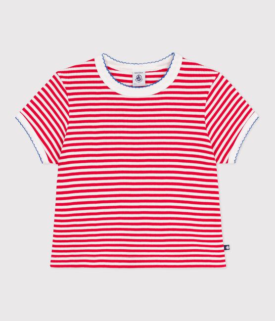 Camiseta infantil de manga corta de algodón a rayas rojo POMPIER/ MARSHMALLOW