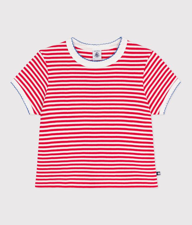 Camiseta infantil de manga corta de algod&oacute;n a rayas rojo/blanco