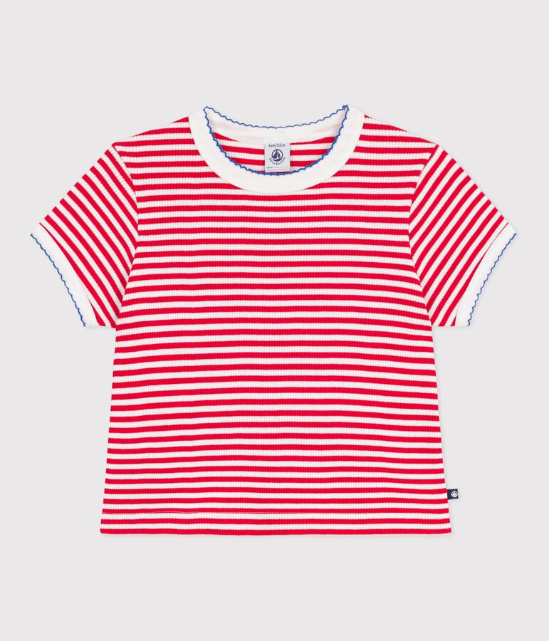 Camiseta infantil de manga corta de algod&oacute;n a rayas rojo/blanco
