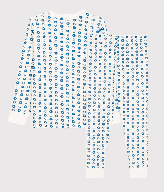 Pijama con estampado de flores gr&aacute;ficas de ni&ntilde;a/ni&ntilde;o de algod&oacute;n org&aacute;nico blanco/azul