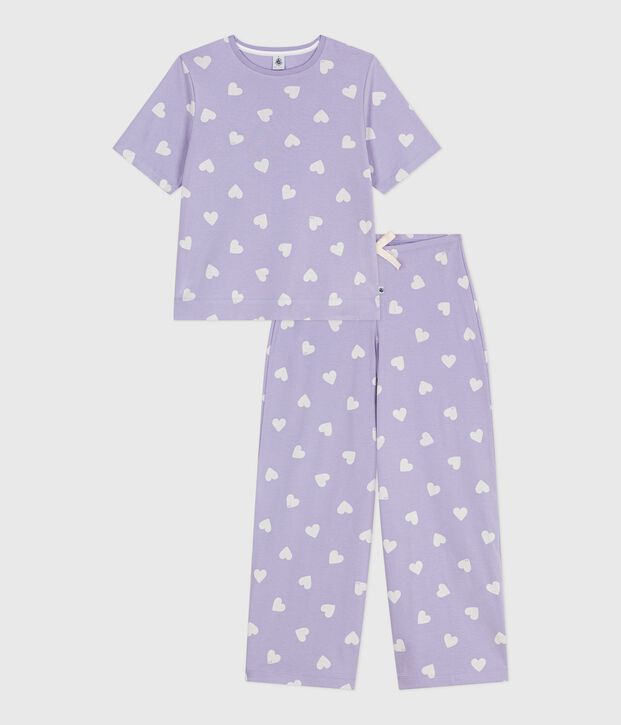 Pijama de mujer de algod&oacute;n con estampado de corazones, manga corta y perneras anchas violeta/blanco