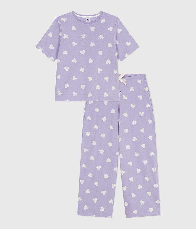 Pijama de mujer de algod&oacute;n con estampado de corazones, manga corta y perneras anchas violeta/blanco