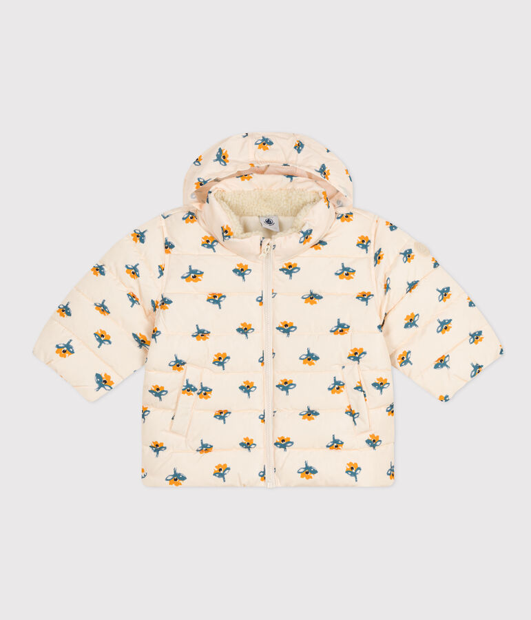 Abrigo estampado con capucha retr&aacute;ctil de beb&eacute; crudo/multicolor