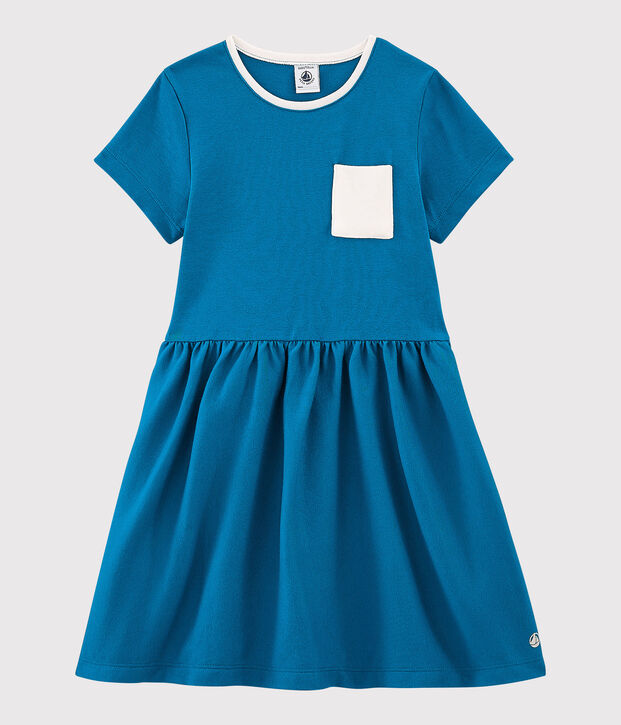 Vestido de manga corta de algod&oacute;n de ni&ntilde;a azul