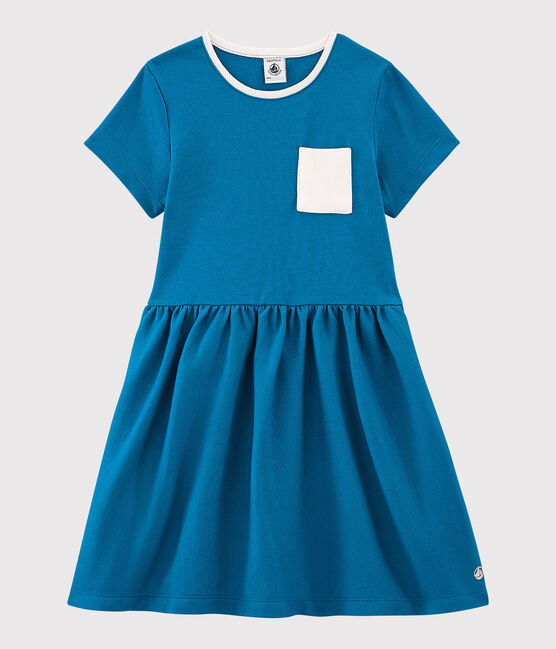Vestido de manga corta de algodón de niña azul MYKONOS