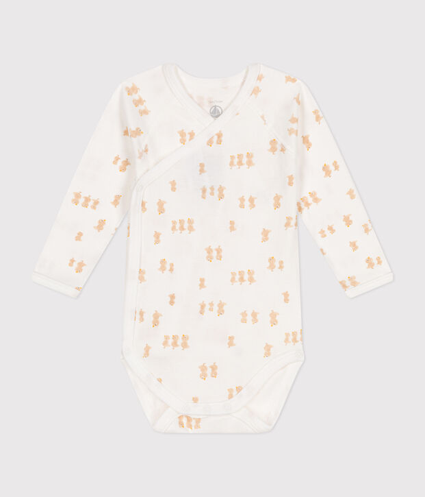 Body cruzado de manga larga de algod&oacute;n para beb&eacute; blanco/beige