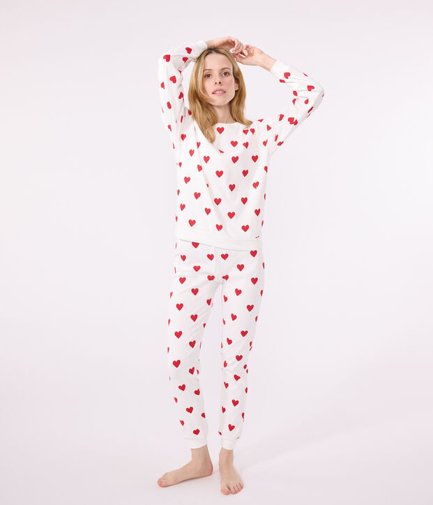 Pijama con coraz&oacute;n de algod&oacute;n de mujer blanco/rojo