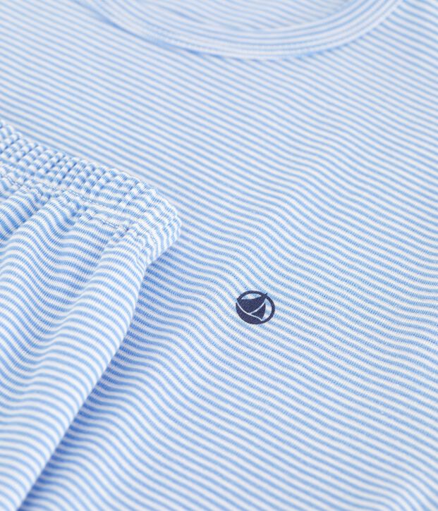 Pijama infantil corto de algod&oacute;n a rayas azul/blanco