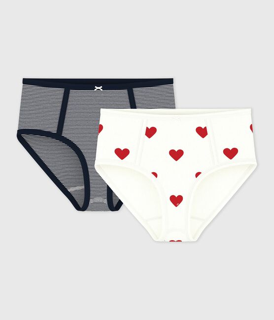 Juego de 2 braguitas de algodón de talle alto con corazón y rayas para mujer Variante 1 PACK