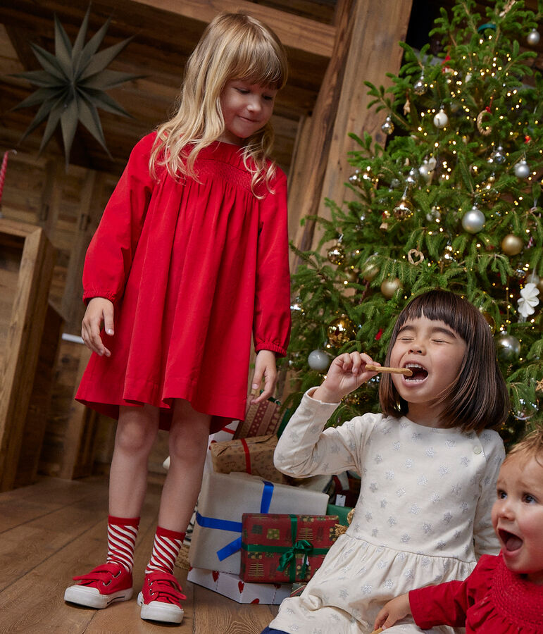 Vestido de manga larga de terciopelo liso de ni&ntilde;a rojo CORRIDA