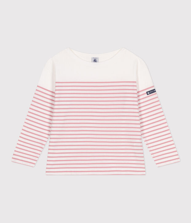 Camiseta marinera infantil de algod&oacute;n de manga larga blanco/rosa
