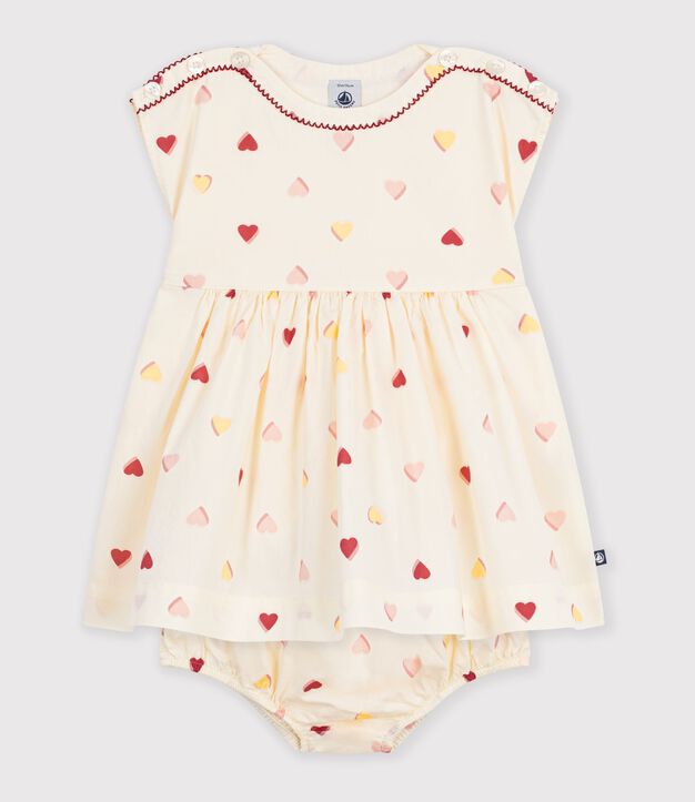 Vestido de algod&oacute;n de manga corta con estampado de corazones para beb&eacute; crudo/multicolor
