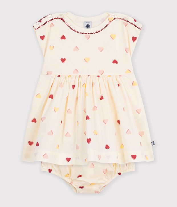 Vestido de algod&oacute;n de manga corta con estampado de corazones para beb&eacute; crudo/multicolor