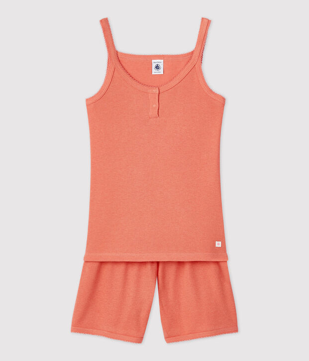 Pijama corto liso papaya de algod&oacute;n y lyocell de ni&ntilde;a rosa