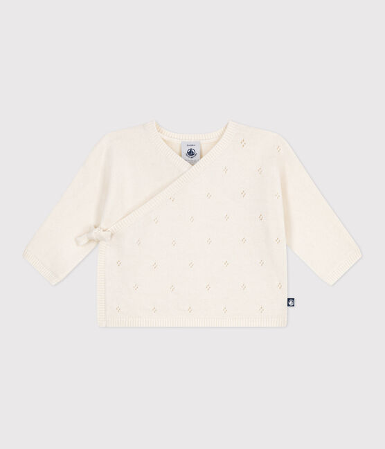 Jersey cruzado calado de punto tricotado de lana y algodón para bebé blanco MARSHMALLOW