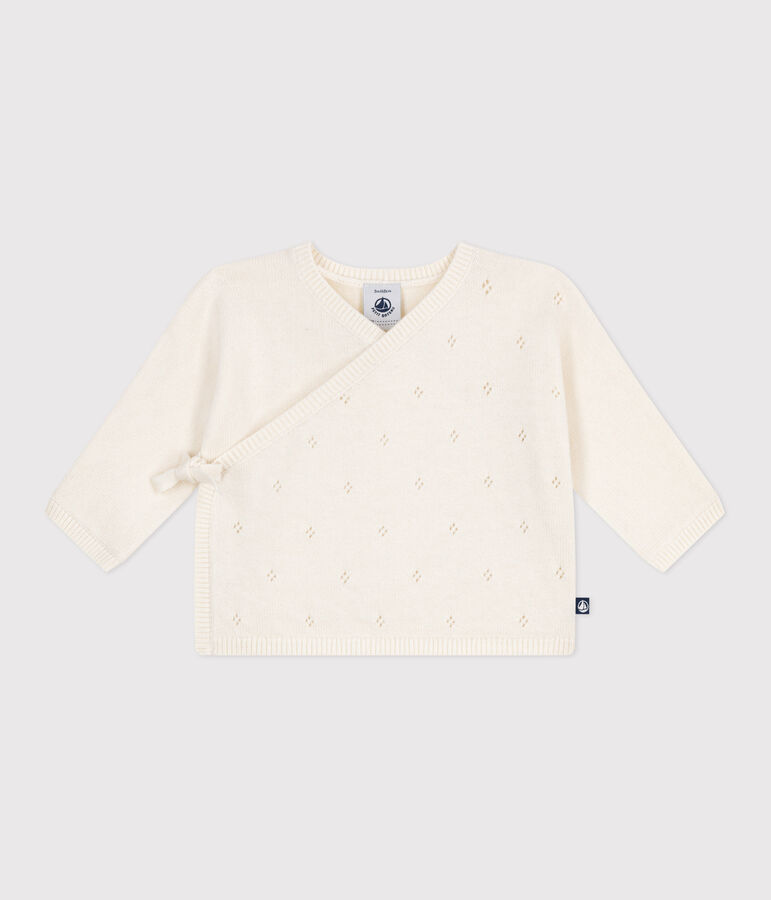 Jersey cruzado calado de punto tricotado de lana y algod&oacute;n para beb&eacute; blanco