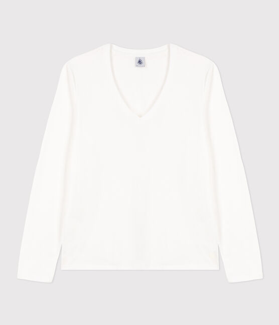 Camiseta LA RECTA de algodón con cuello de pico para mujer blanco ECUME