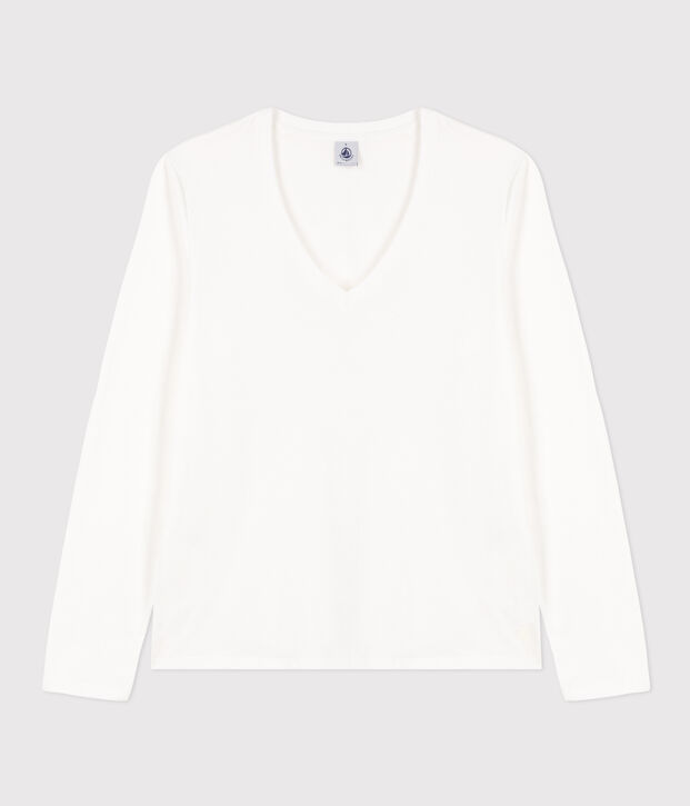 Camiseta LA RECTA de algod&oacute;n con cuello de pico para mujer blanco