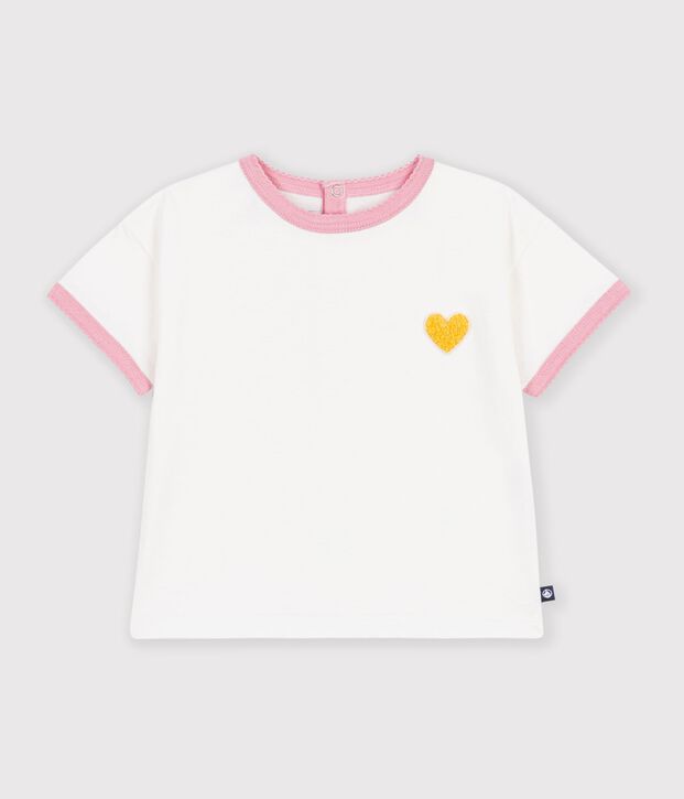 Camiseta lisa de algod&oacute;n de manga corta con insignia de coraz&oacute;n para beb&eacute; blanco