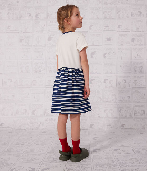 Vestido de manga corta de algodón para niña azul MEDIEVAL/blanco MARSHMALLOW