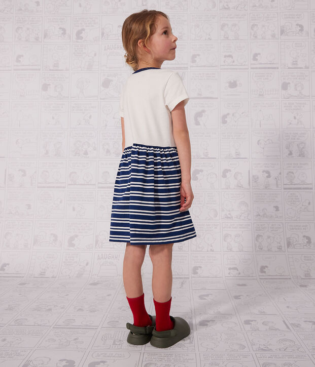 Vestido de manga corta de algod&oacute;n para ni&ntilde;a azul/blanco