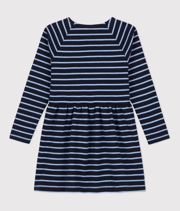 Vestido c&aacute;lido de algod&oacute;n a rayas de manga larga de ni&ntilde;a azul/azul