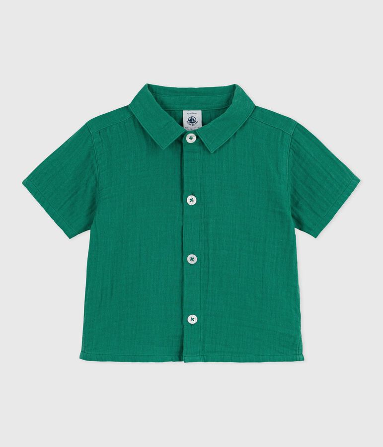 Camisa lisa de algod&oacute;n/lino de manga corta para beb&eacute; verde