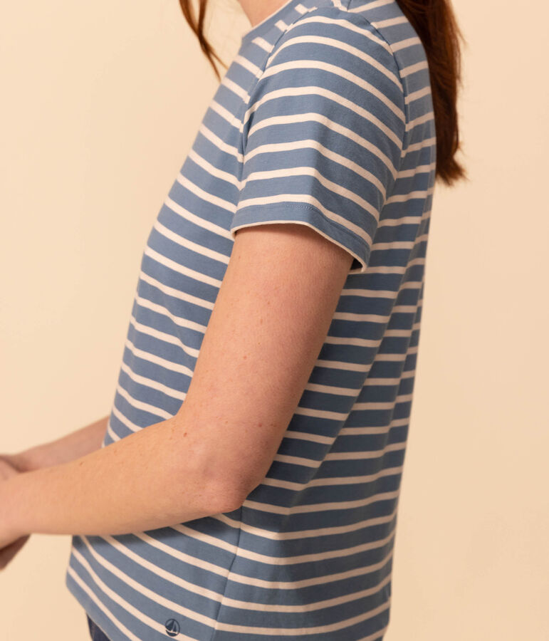 Camiseta LA RECTA de algod&oacute;n con cuello redondo para mujer azul/crudo