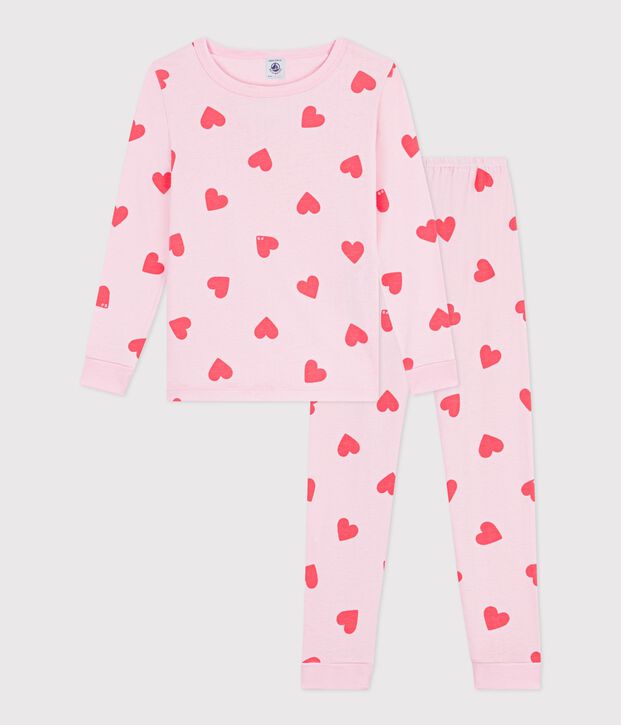 Pijama infantil muy ajustado de algod&oacute;n con estampado de corazones rosa/naranja