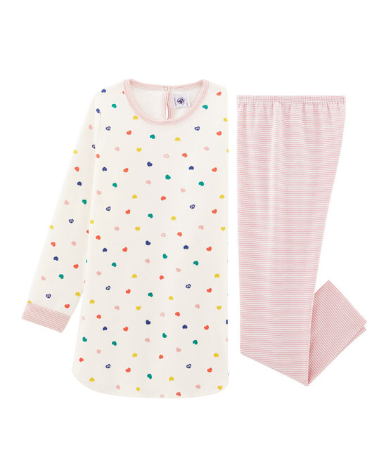 Camisón de manga larga de corazones para niña de punto doble cara blanco MARSHMALLOW/blanco MULTICO
