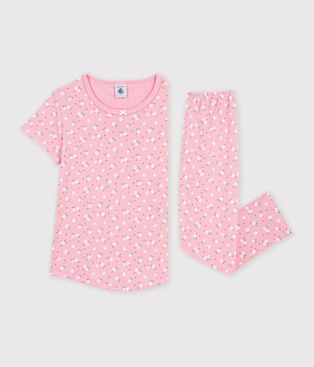 Pijama infantil de algod&oacute;n de manga corta y pierna larga con estampado rosa/multicolor