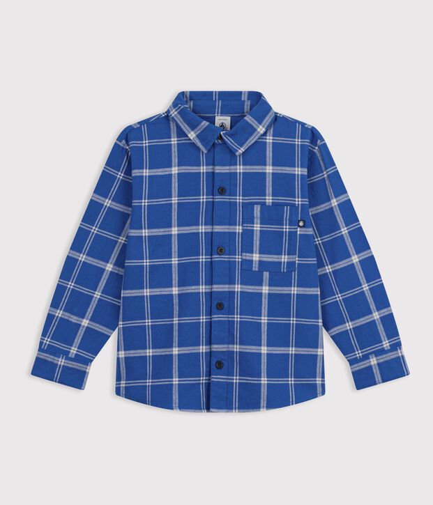 Camisa infantil de algod&oacute;n a cuadros azul/crudo